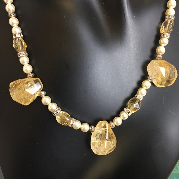 Genuine Citrine Swarovski Pearls Crystals Sterling Silver Necklace Women's 18in - Picture 4 of 5